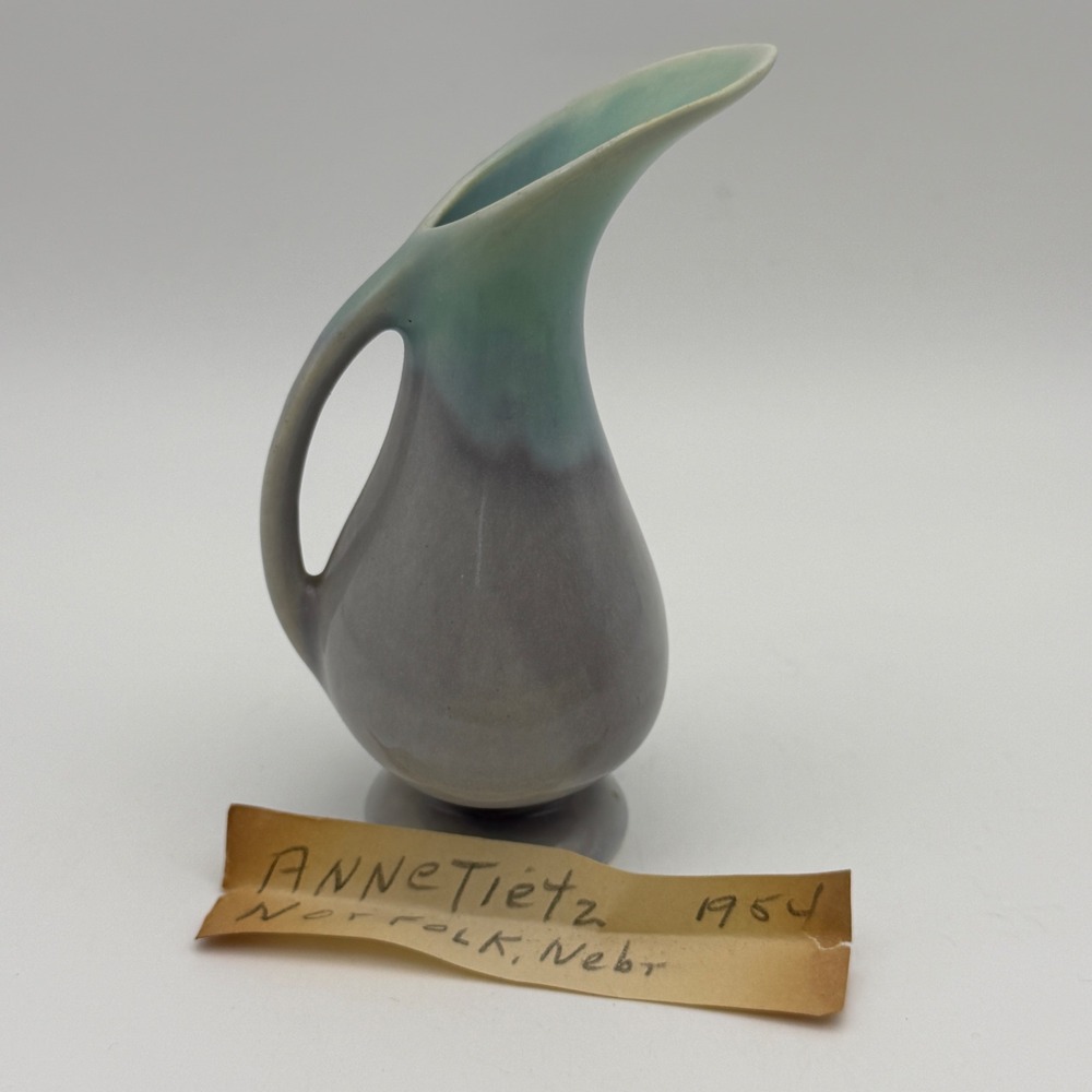 Mini MCM Studio Pottery Bud‎ Vase Ewer Teal Gray Drip Glaze Mid Century Modern
